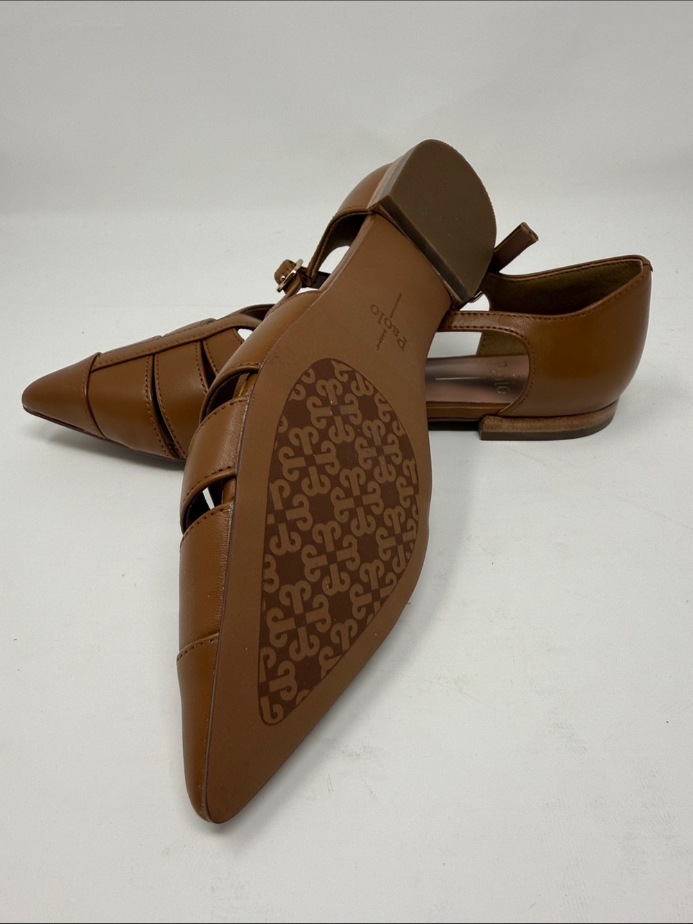 NEW LINEA PAOLO Cognac Nappa Pointed T-Strap Women's Flats - Picture 5 of 6